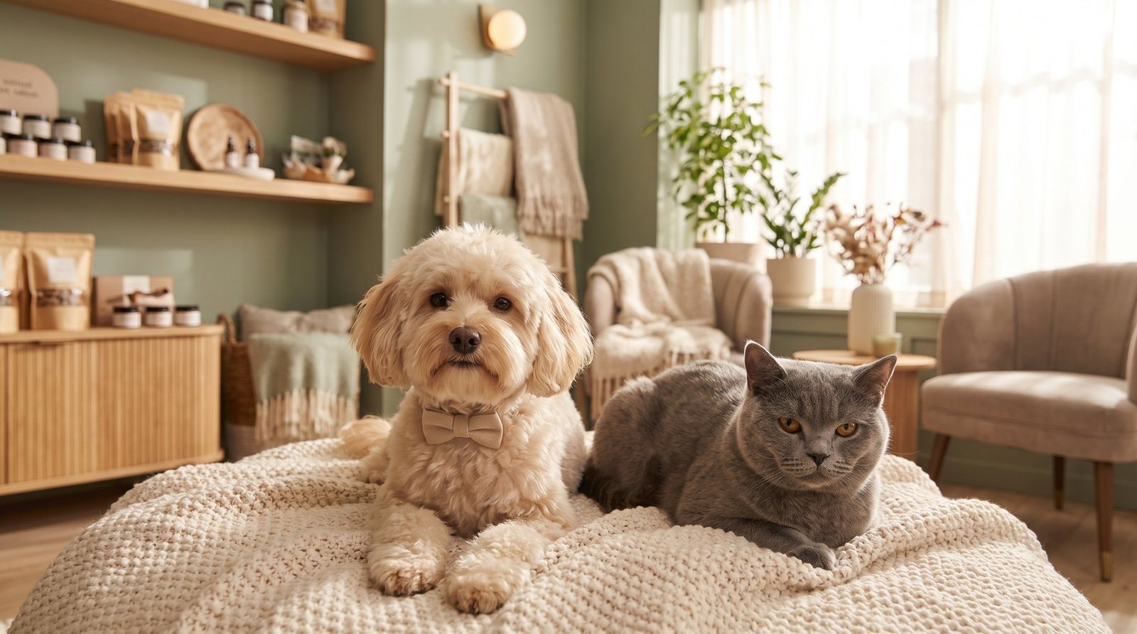 Freshly groomed dog and calm cat at Claws-N-Paws pet salon in Salem, Oregon